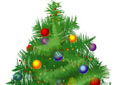 Grüner Weihnachtsbaum mit bunten Kugeln und kleiner, bunter Lichterkette.