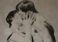 Mann und Frau küssen sich leidenschaftlich unter der Dusche. (Buntstift, 2003)